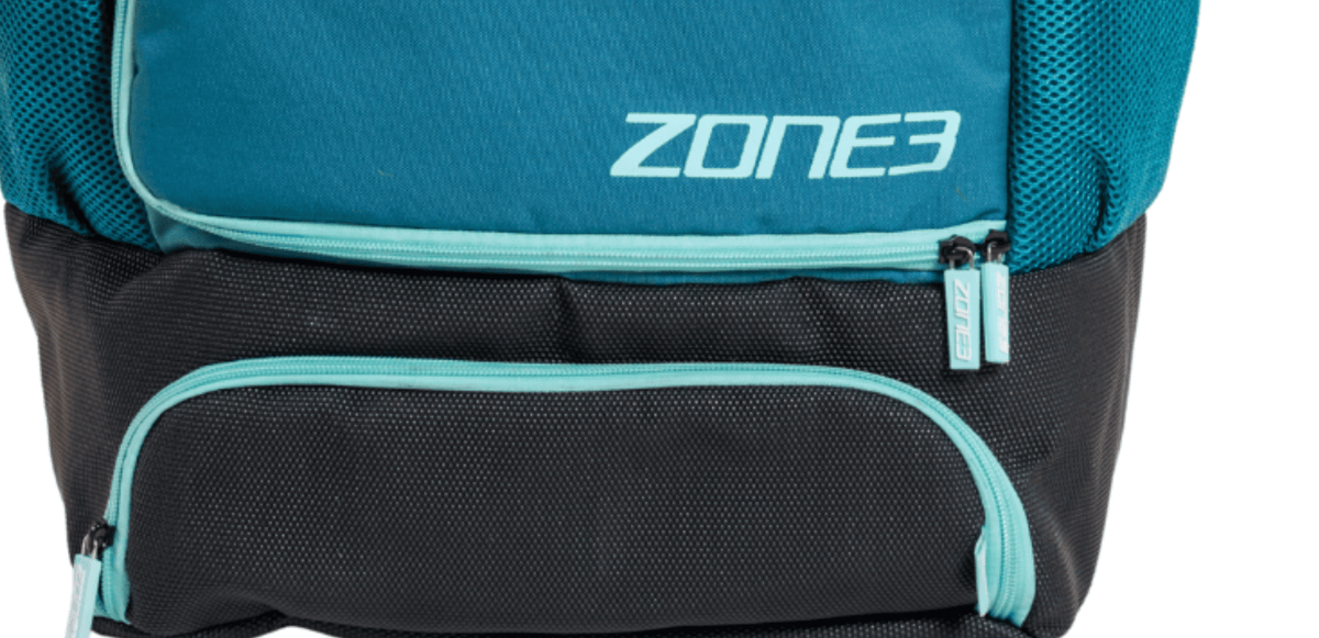Close up of a teal triathlon transition bag pack