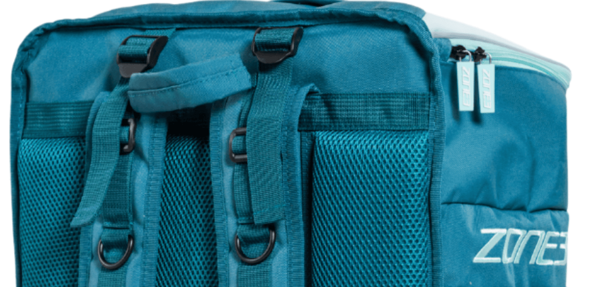Close up of a teal triathlon transition bag pack