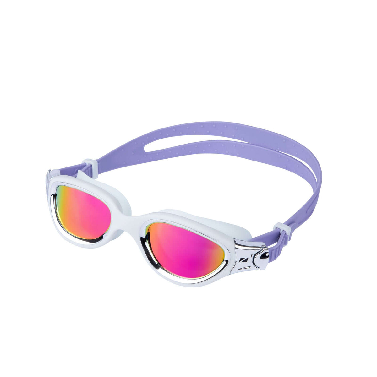 Gafas de natación Venator-X con montura blanca, correa morada y lentes espejadas rosas