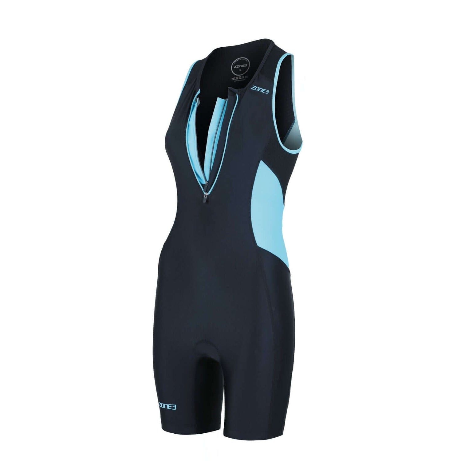 Trisuit Activate sin mangas en azul marino, con paneles laterales azul claro y cremallera frontal