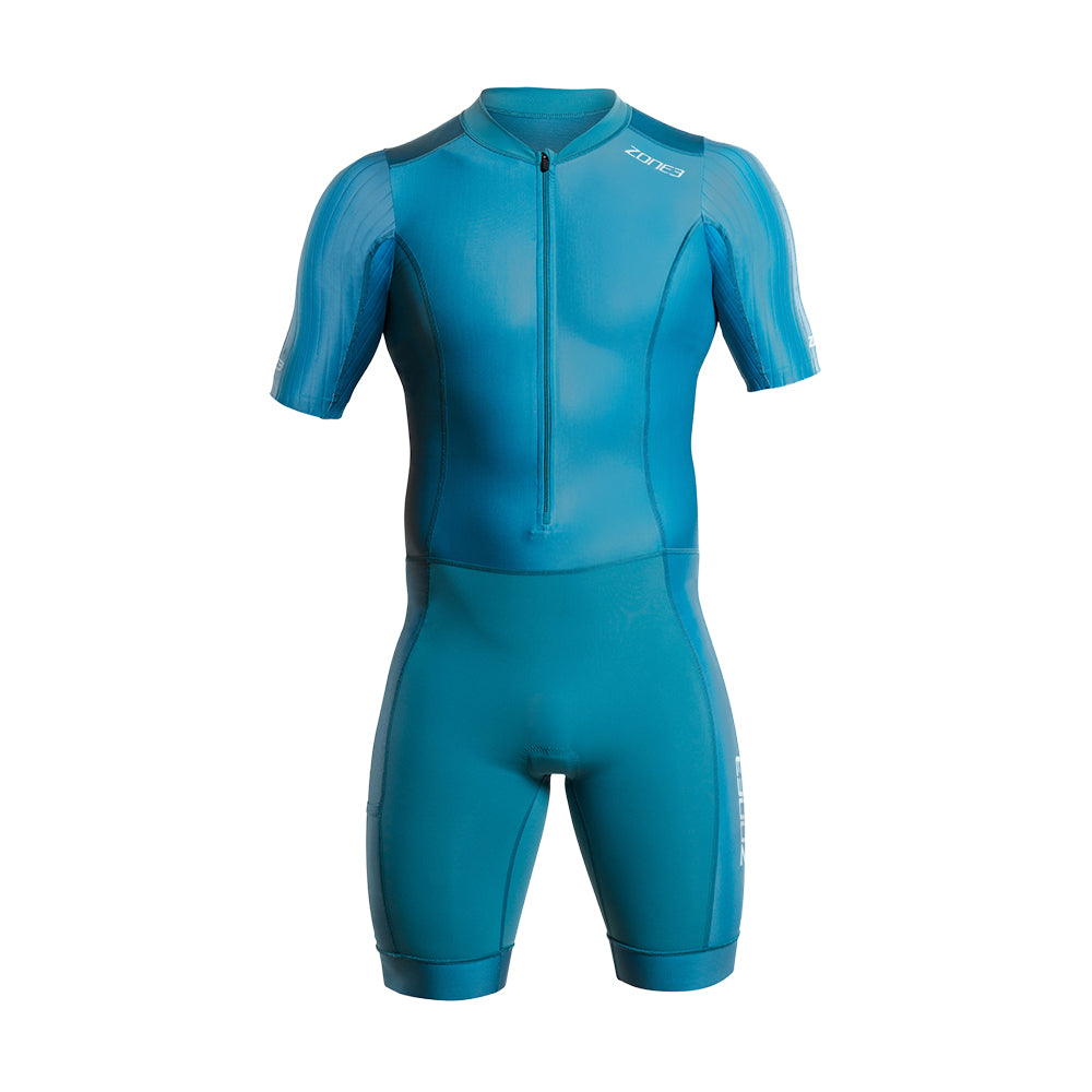 teal trisuit on a white background