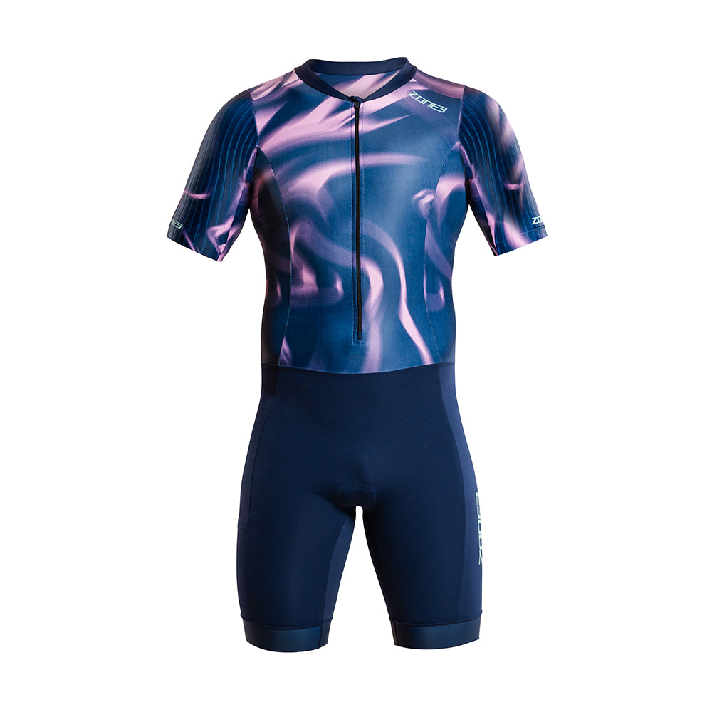 Pink and purple trisuit on a white background