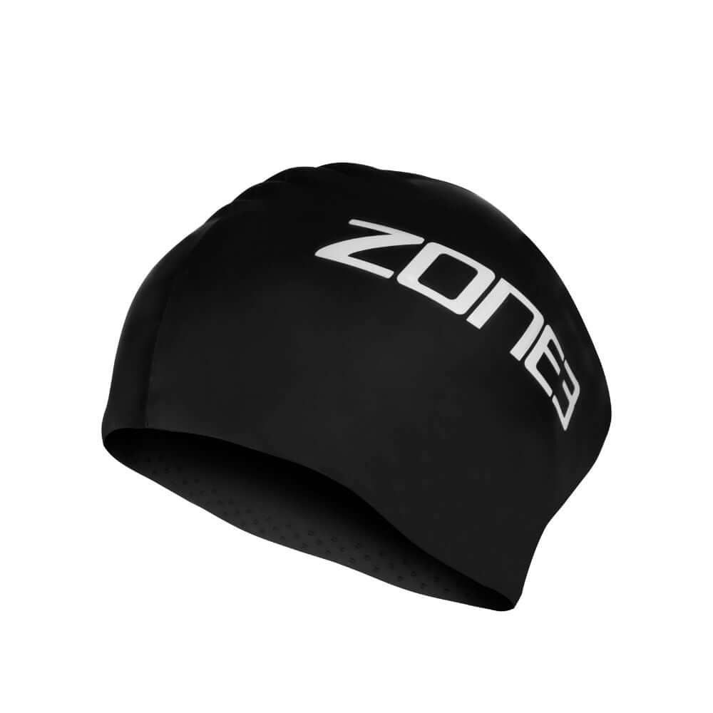 Gorro de natación de silicona para pelo largo, en negro con logotipo blanco, perfecto para mantener el pelo seco.