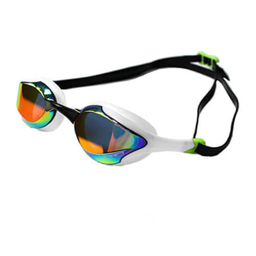 Gafas de natación de competición Volare Streamline, con montura blanca y lentes espejadas naranjas.