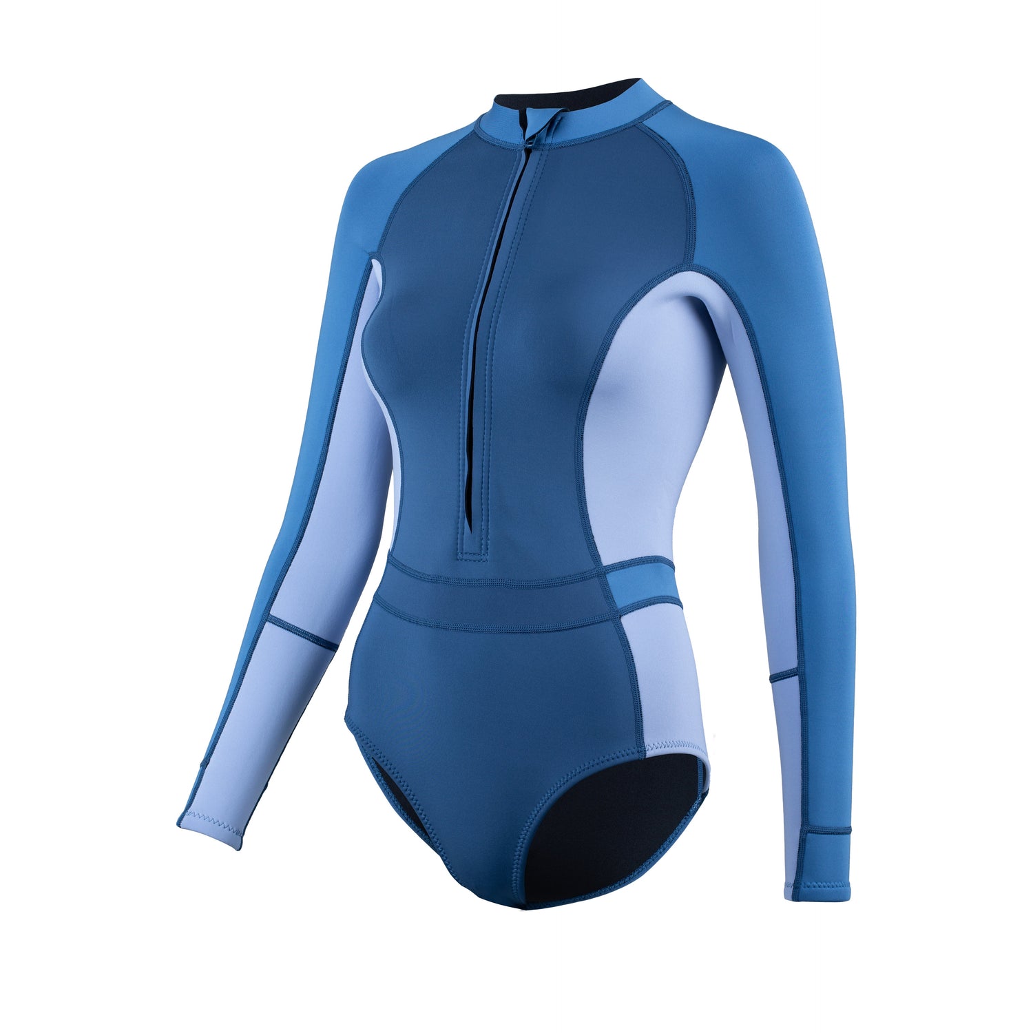 Fato de mergulho Yulex® de neoprene azul para mulher com mangas compridas.