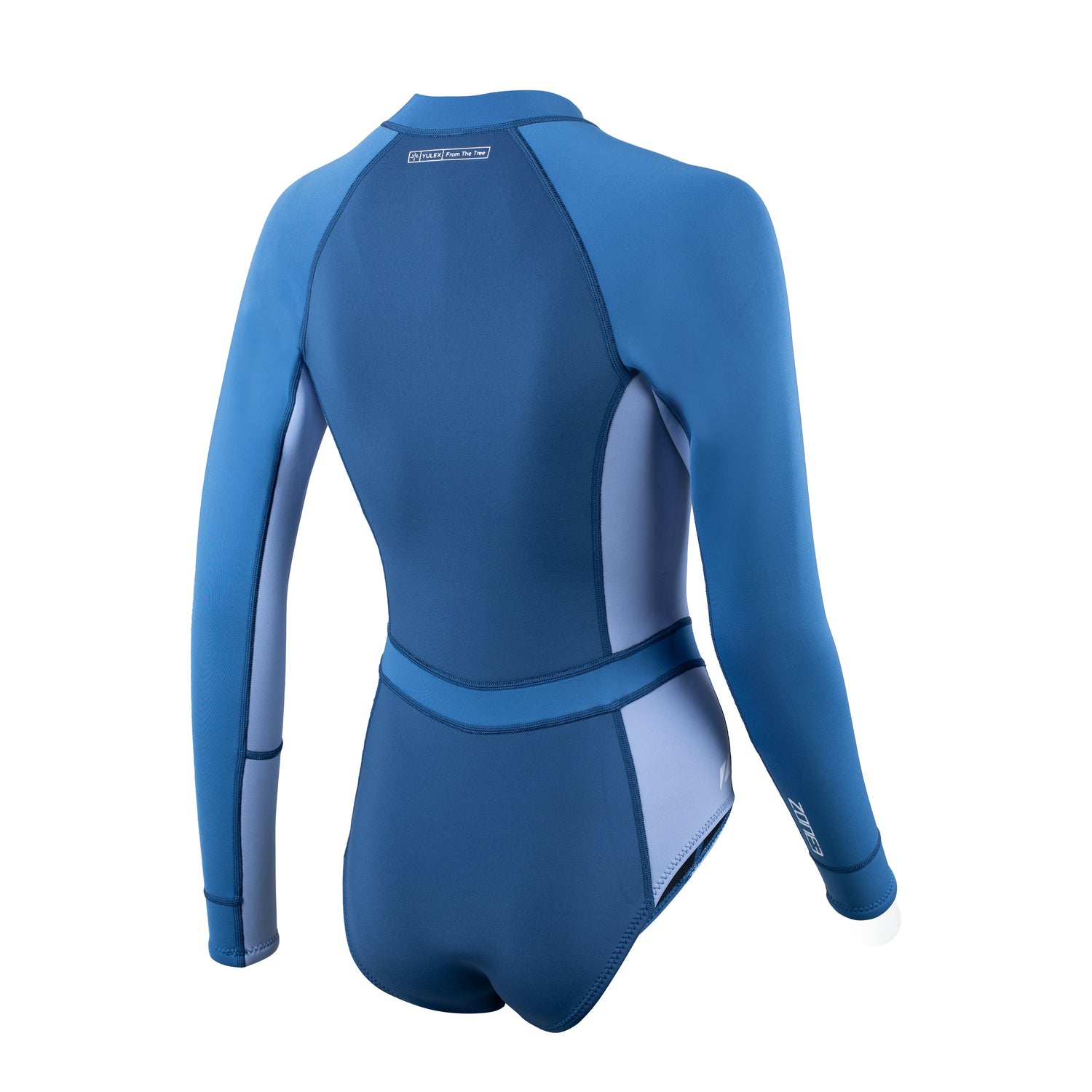 Fato de mergulho Yulex® de neoprene azul para mulher com mangas compridas.