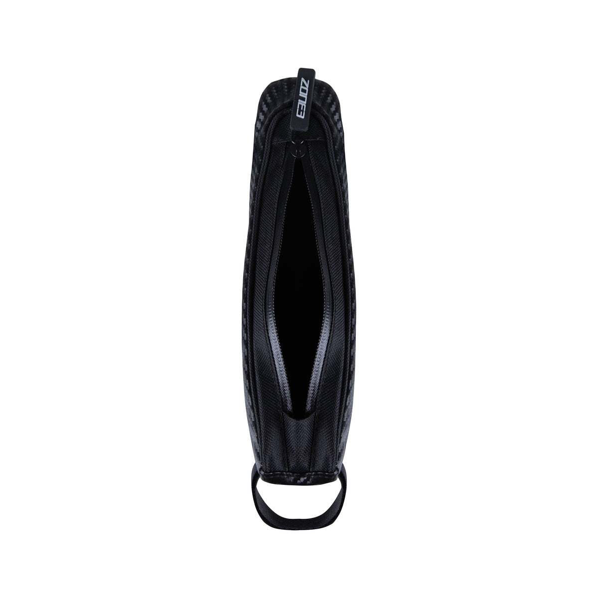 Vista superior de un bolsillo compacto negro, con cordones naranjas vivos y topes de cordón.